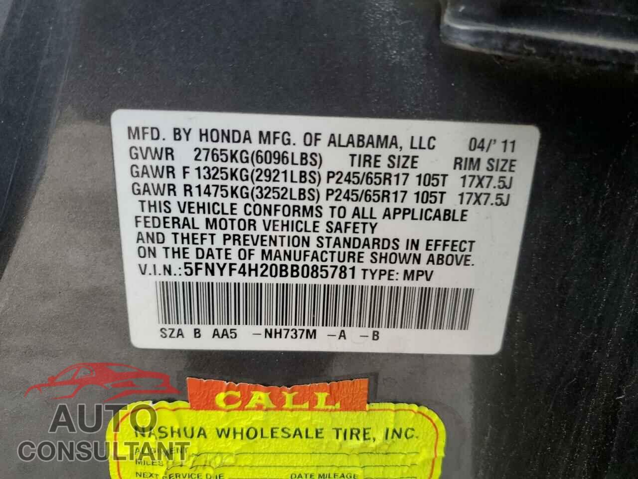 HONDA PILOT 2011 - 5FNYF4H20BB085781