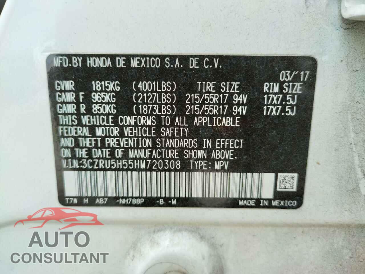 HONDA HR-V 2017 - 3CZRU5H55HM720308