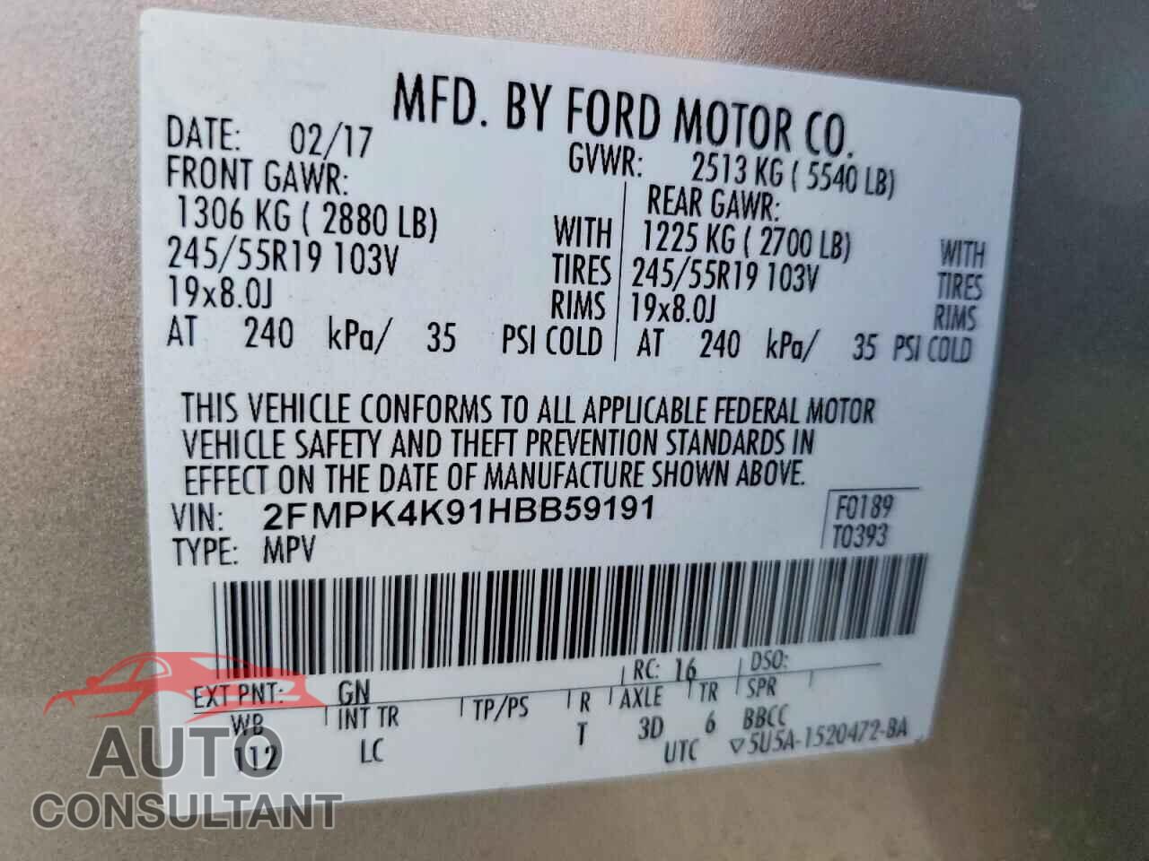 FORD EDGE 2017 - 2FMPK4K91HBB59191