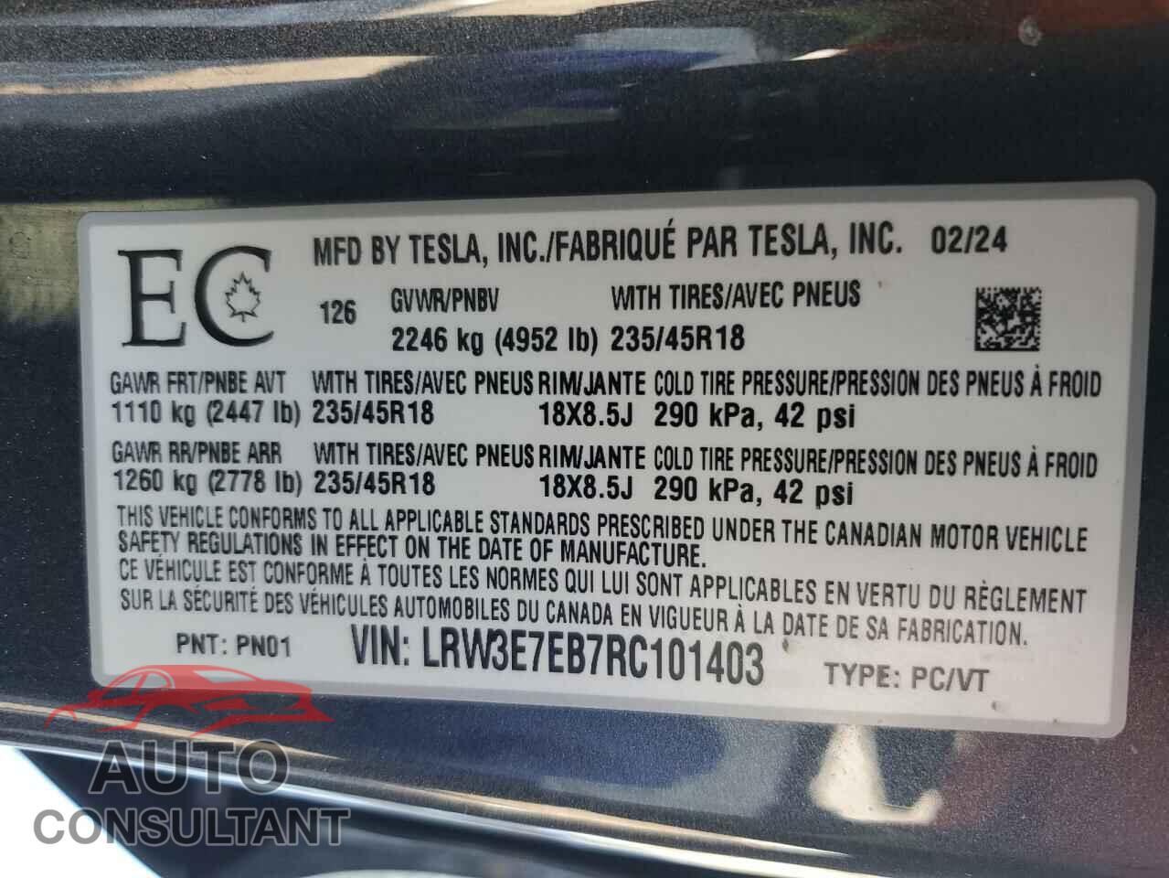TESLA MODEL 3 2024 - LRW3E7EB7RC101403