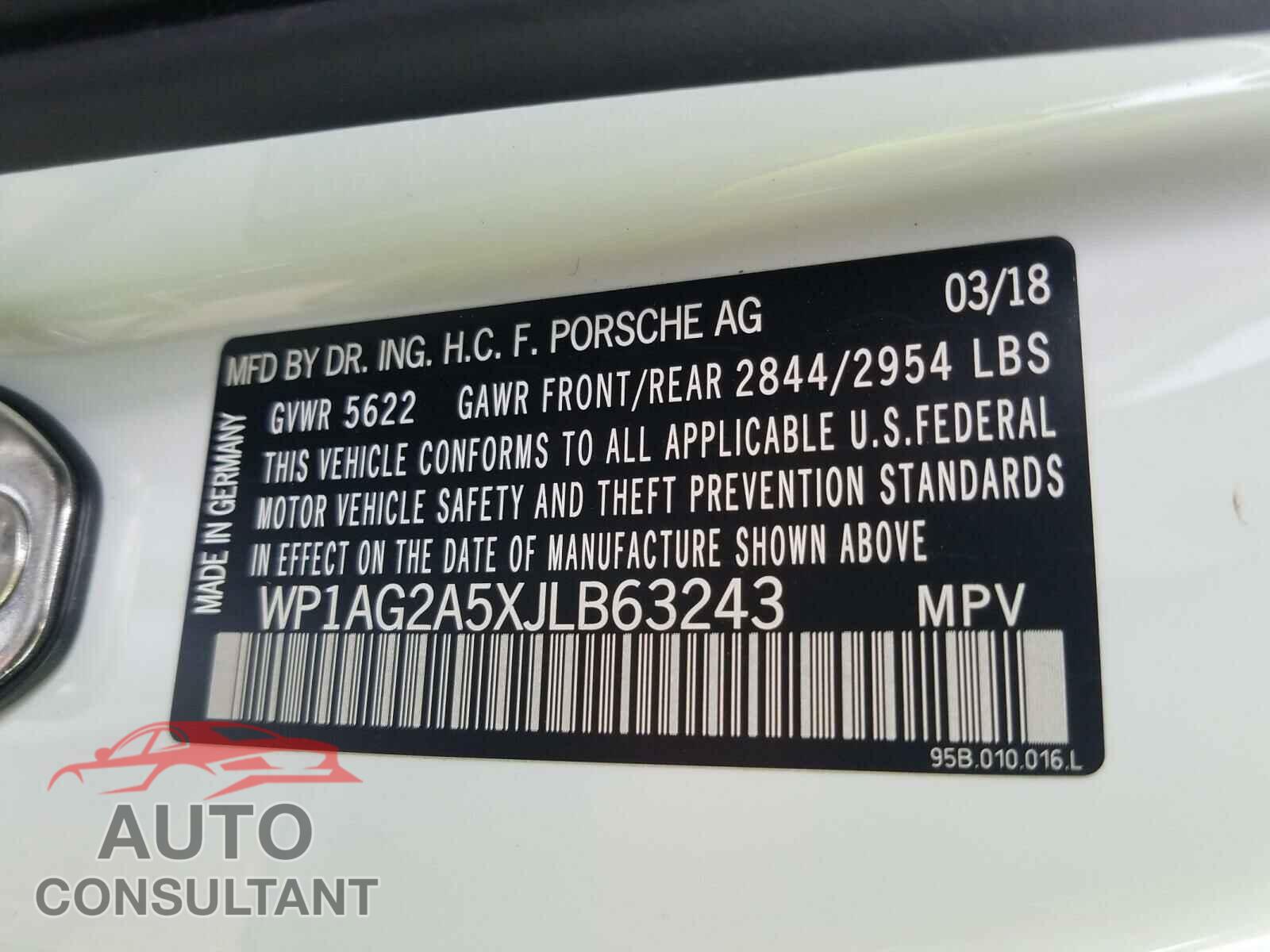 PORSCHE MACAN 2018 - WP1AG2A5XJLB63243