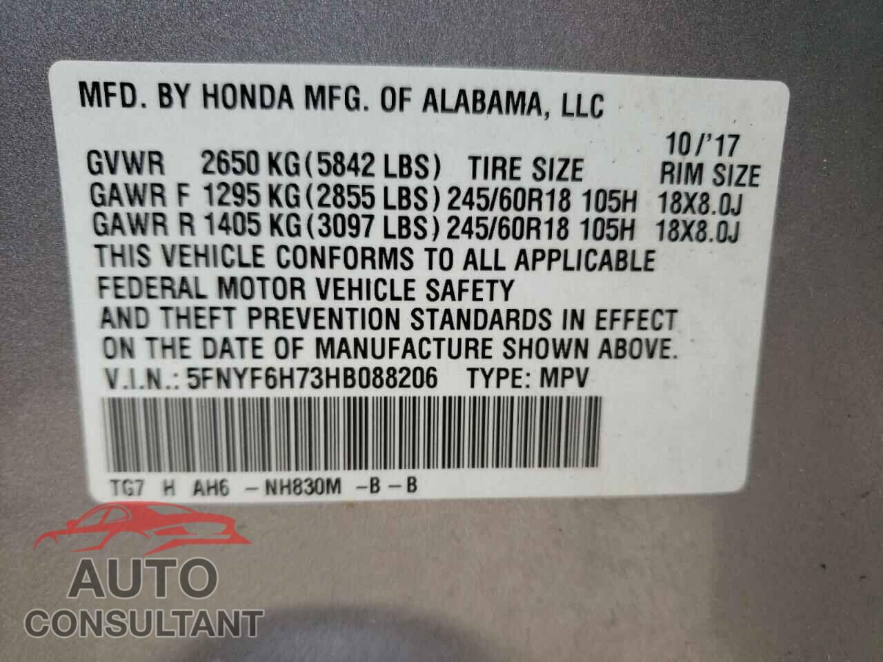 HONDA PILOT 2017 - 5FNYF6H73HB088206