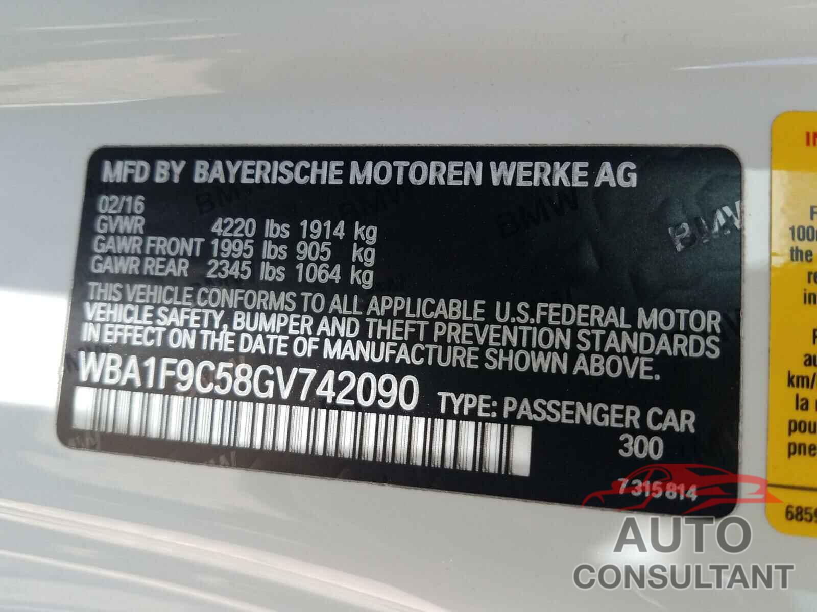 BMW 2 SERIES 2016 - WBA1F9C58GV742090