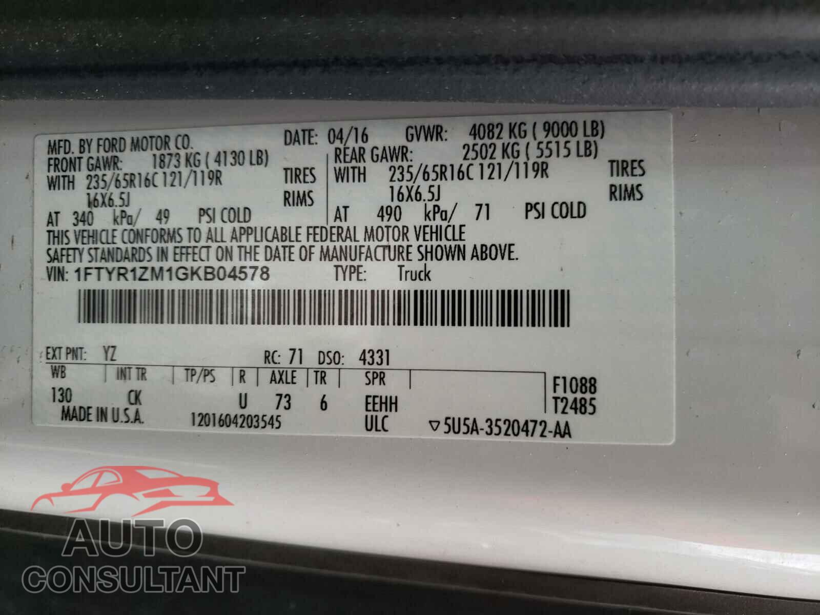 FORD TRANSIT CO 2016 - 1FTYR1ZM1GKB04578