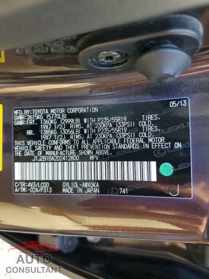 LEXUS RX450 2013 - JTJZB1BA2D2412800
