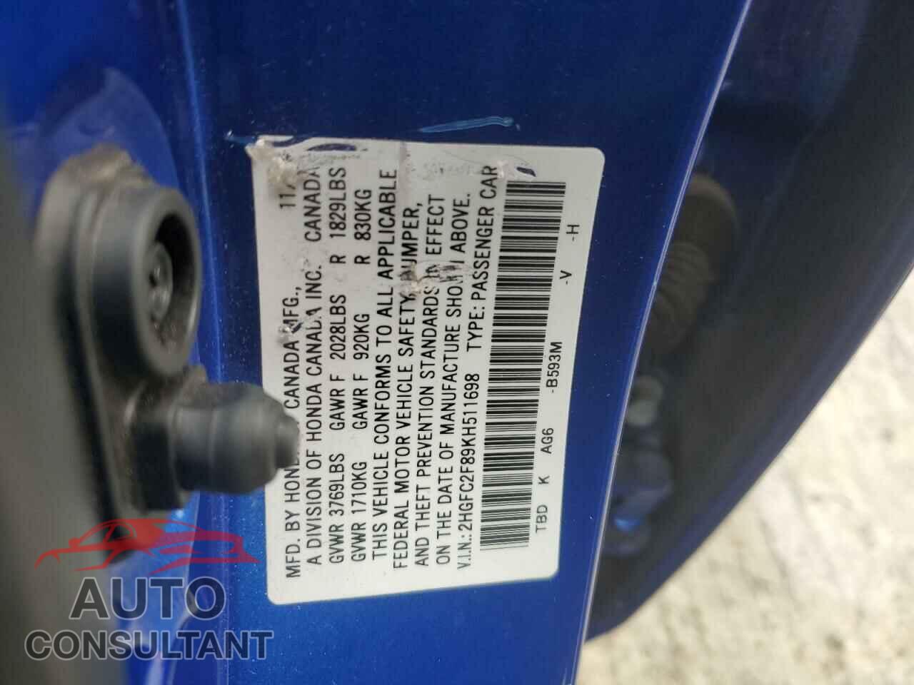 HONDA CIVIC 2019 - 2HGFC2F89KH511698