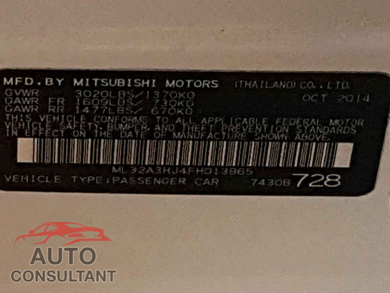 MITSUBISHI MIRAGE 2015 - ML32A3HJ4FH013965