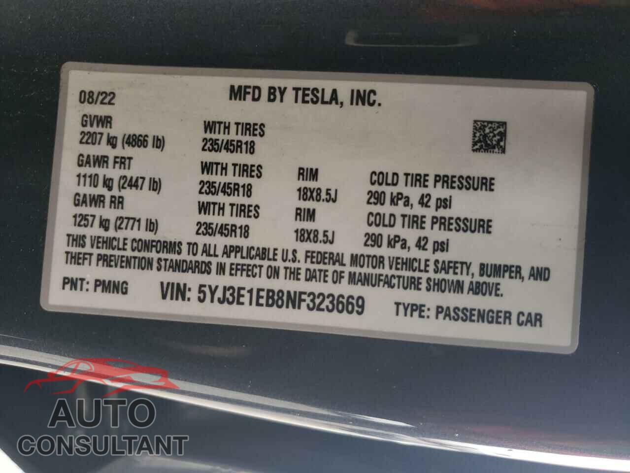 TESLA MODEL 3 2022 - 5YJ3E1EB8NF323669