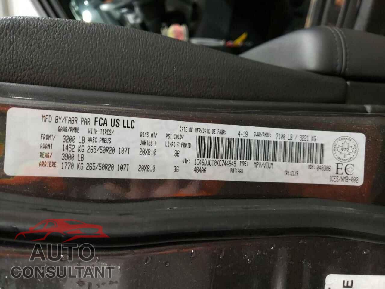 DODGE DURANGO 2019 - 1C4SDJCT0KC744949