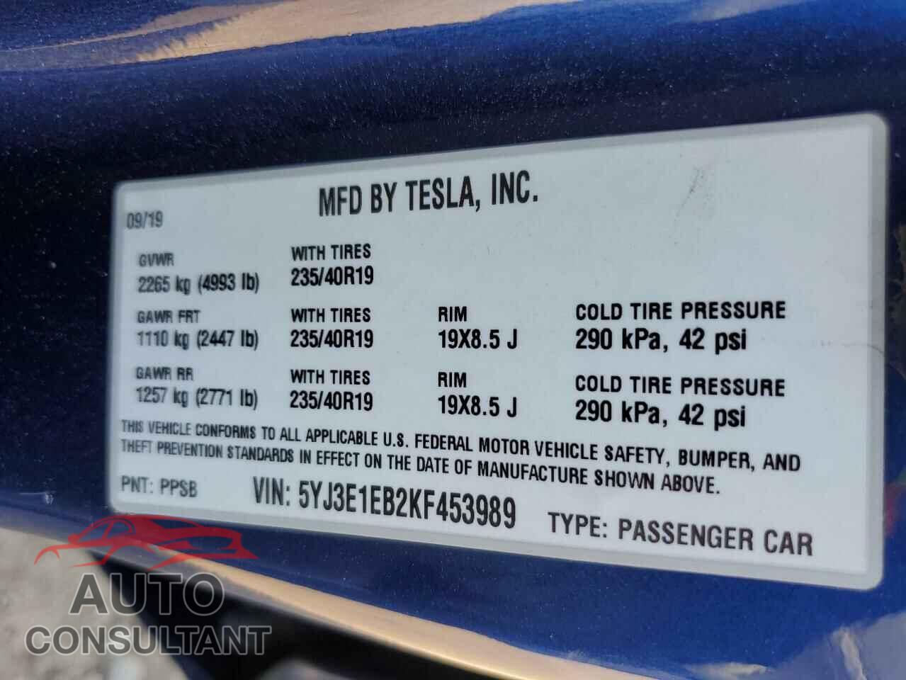 TESLA MODEL 3 2019 - 5YJ3E1EB2KF453989