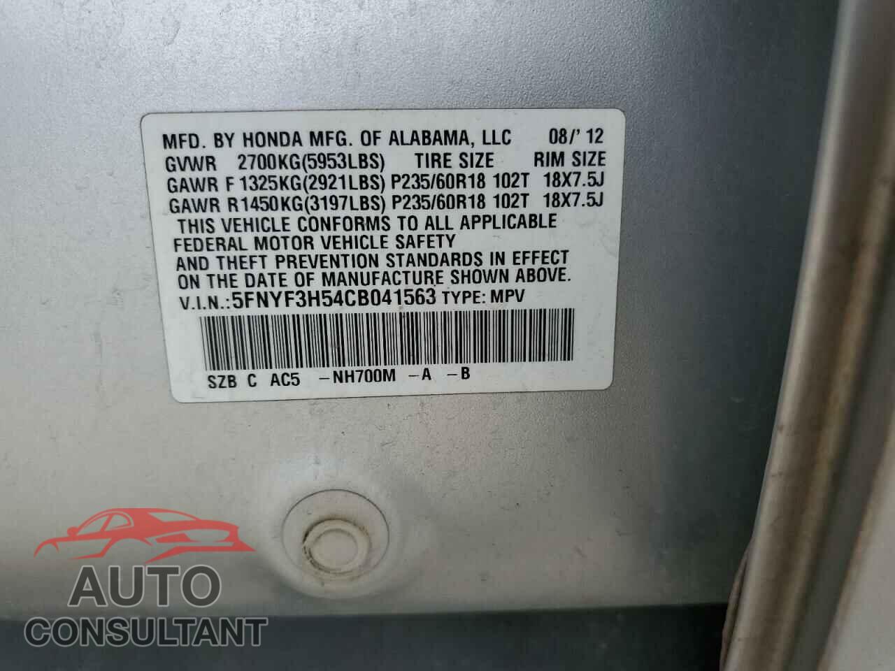 HONDA PILOT 2012 - 5FNYF3H54CB041563