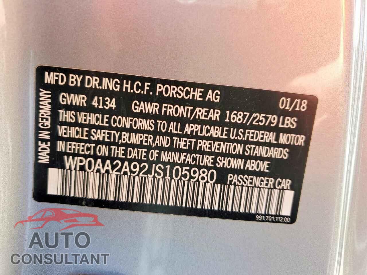 PORSCHE 911 2018 - WP0AA2A92JS105980