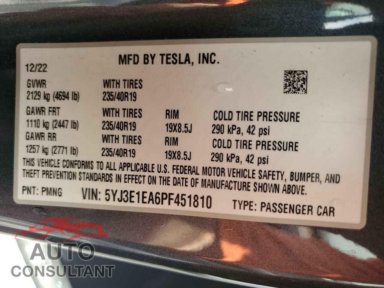 TESLA MODEL 3 2023 - 5YJ3E1EA6PF451810