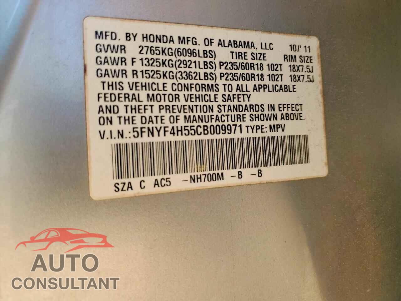 HONDA PILOT 2012 - 5FNYF4H55CB009971