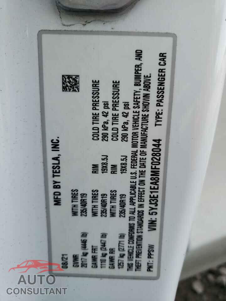 TESLA MODEL 3 2021 - 5YJ3E1EA8MF028044