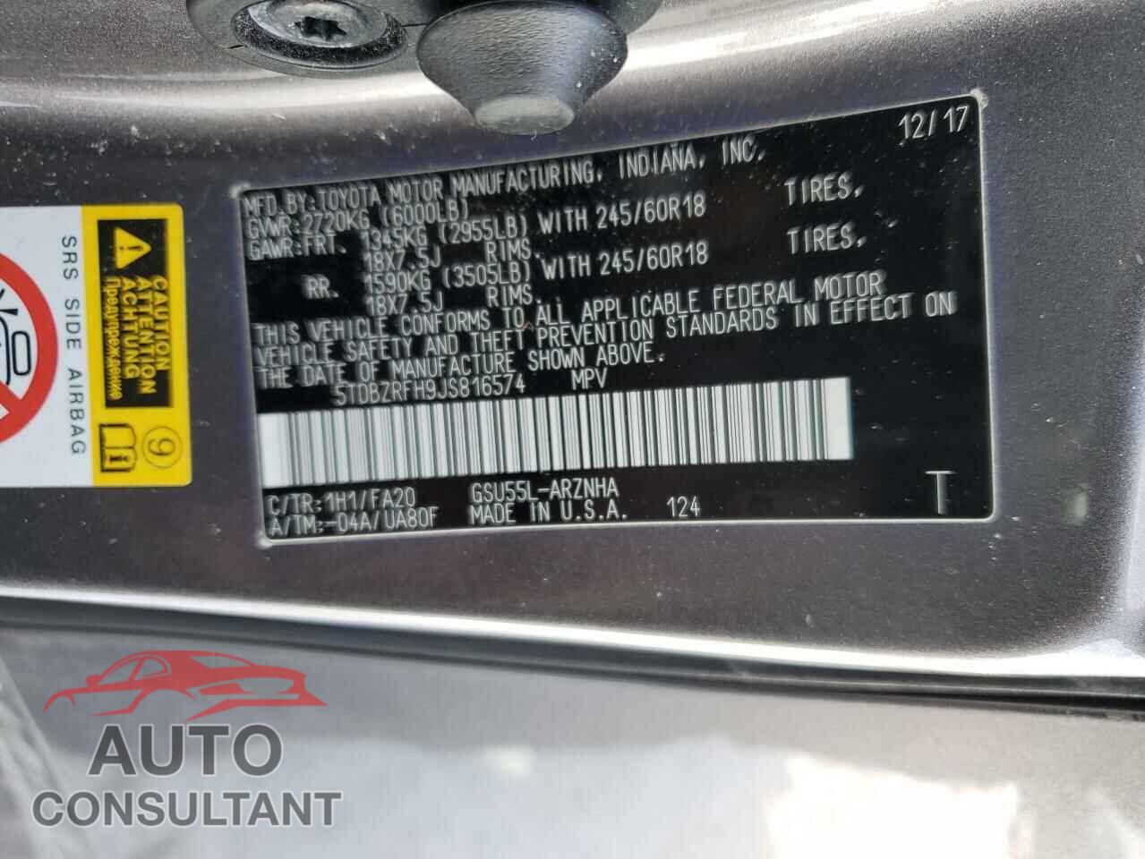 TOYOTA HIGHLANDER 2018 - 5TDBZRFH9JS816574