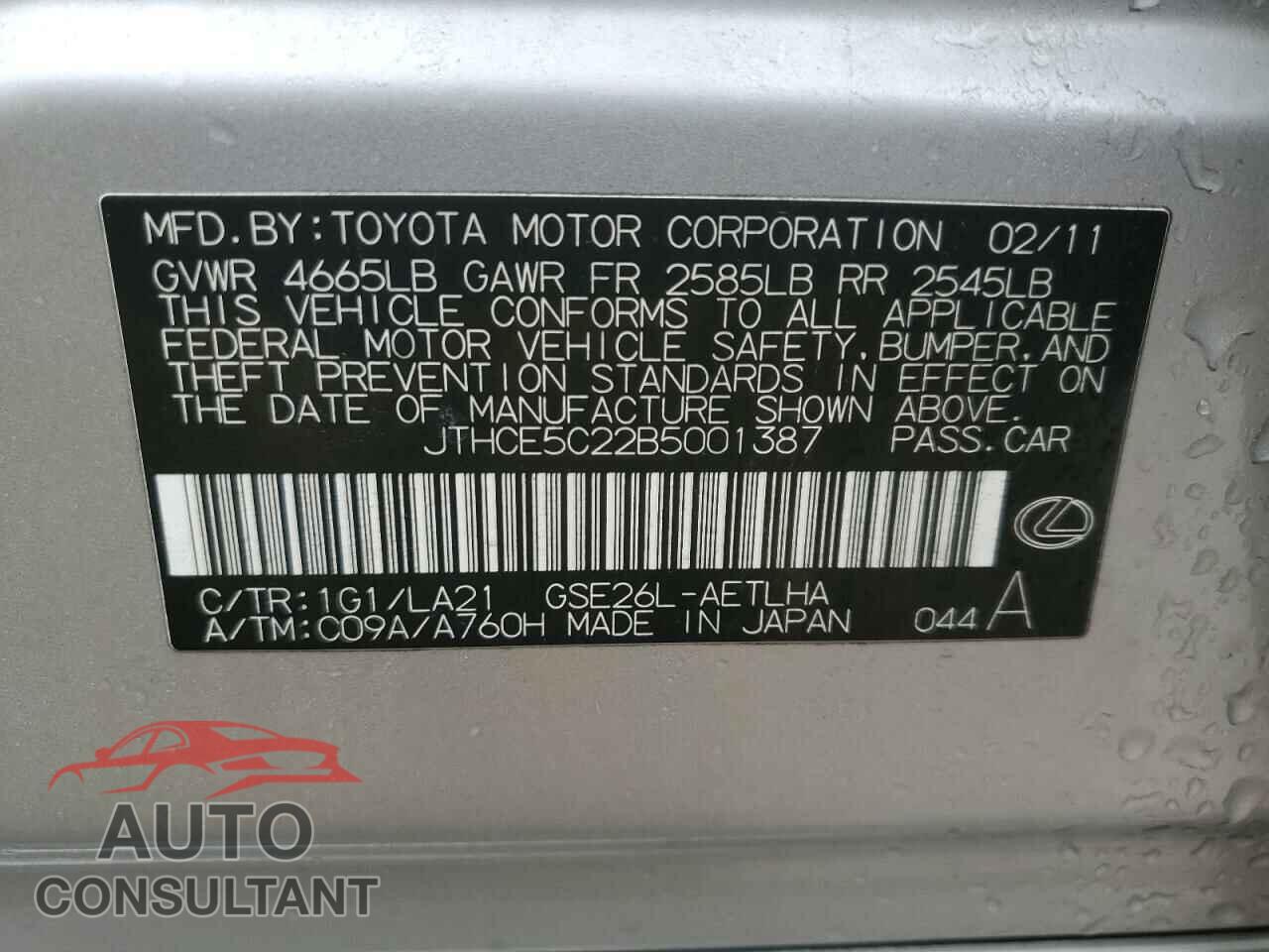 LEXUS IS 2011 - JTHCE5C22B5001387