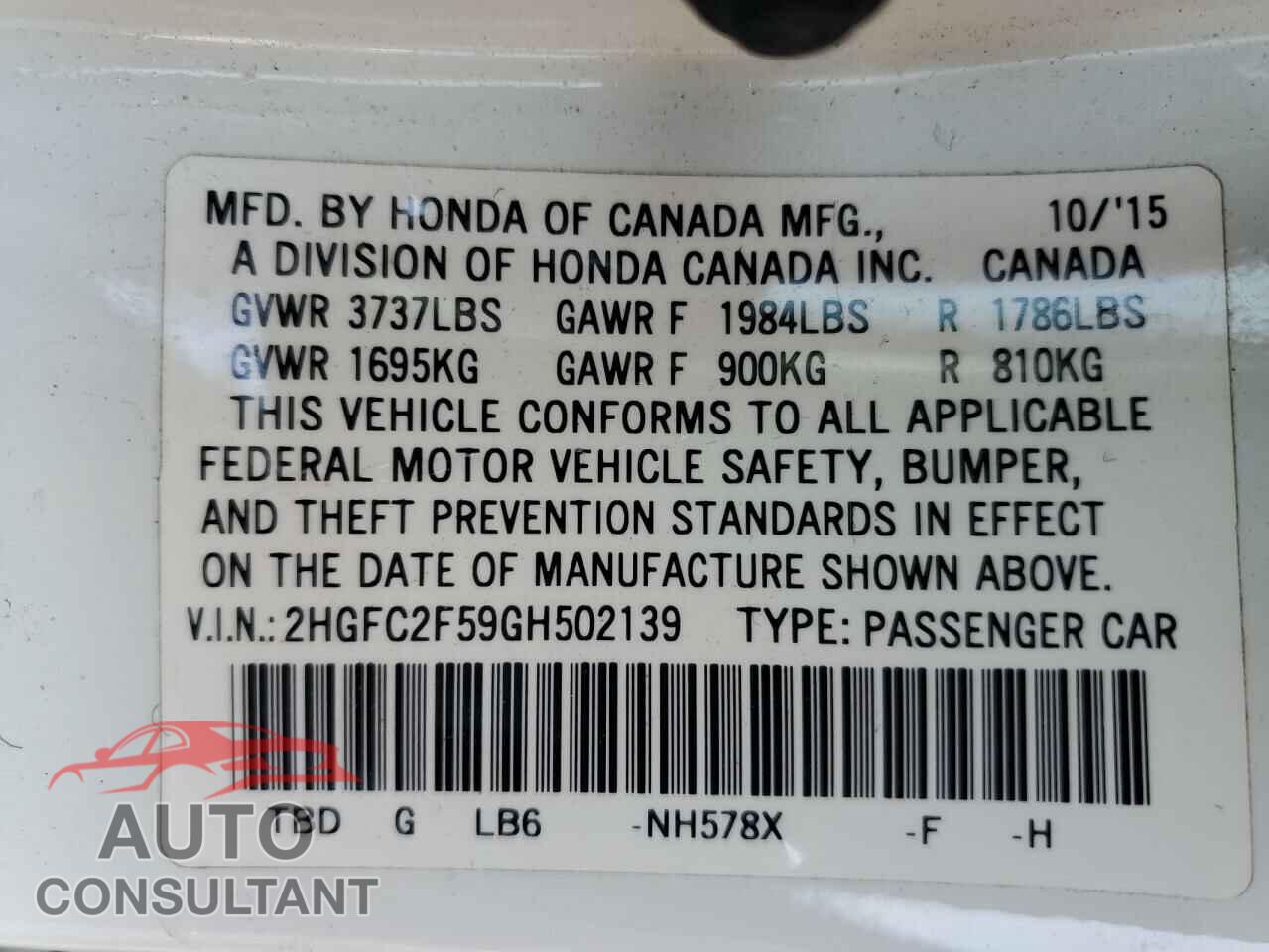 HONDA CIVIC 2016 - 2HGFC2F59GH502139