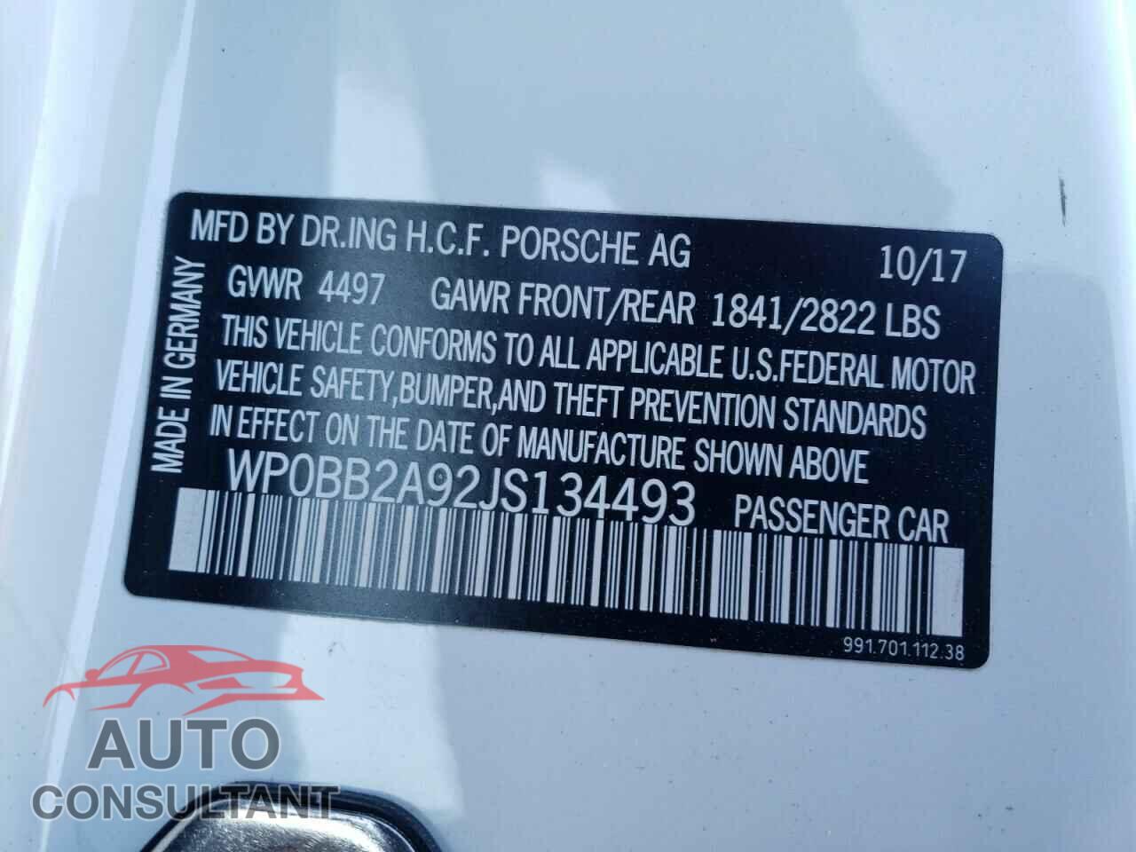 PORSCHE 911 2018 - WP0BB2A92JS134493