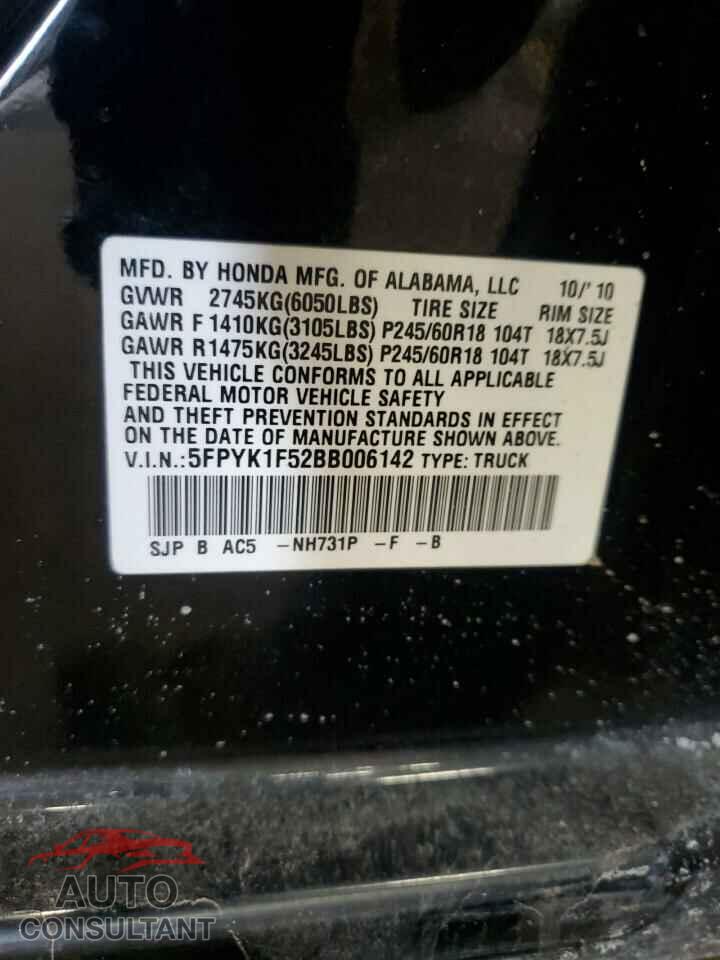 HONDA RIDGELINE 2011 - 5FPYK1F52BB006142