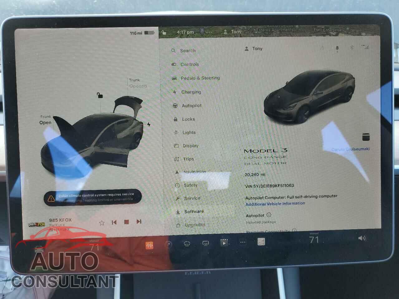 TESLA MODEL 3 2019 - 5YJ3E1EB9KF511063