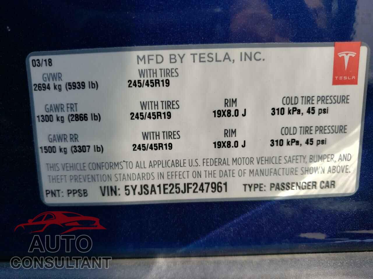TESLA MODEL S 2018 - 5YJSA1E25JF247961