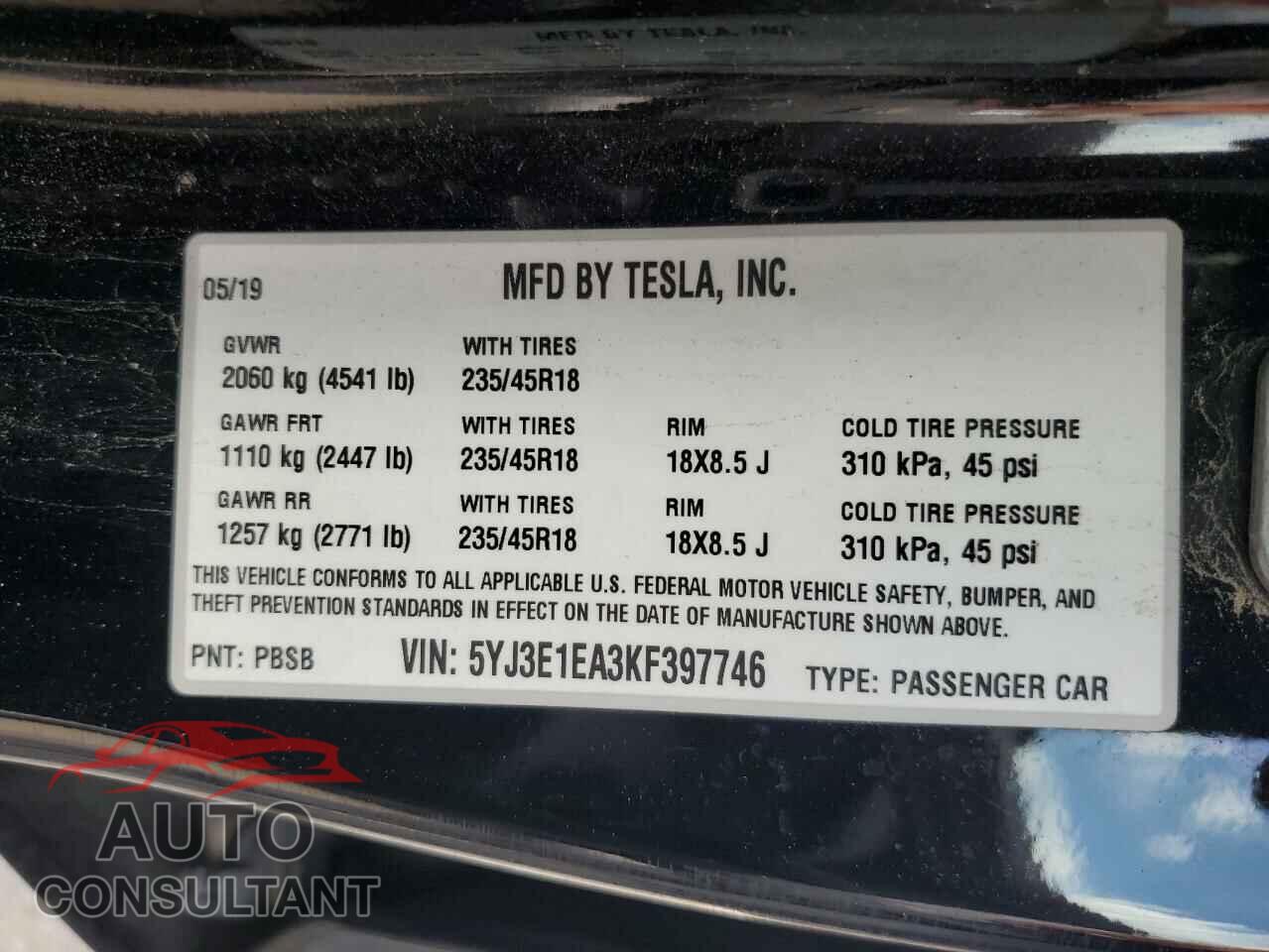 TESLA MODEL 3 2019 - 5YJ3E1EA3KF397746