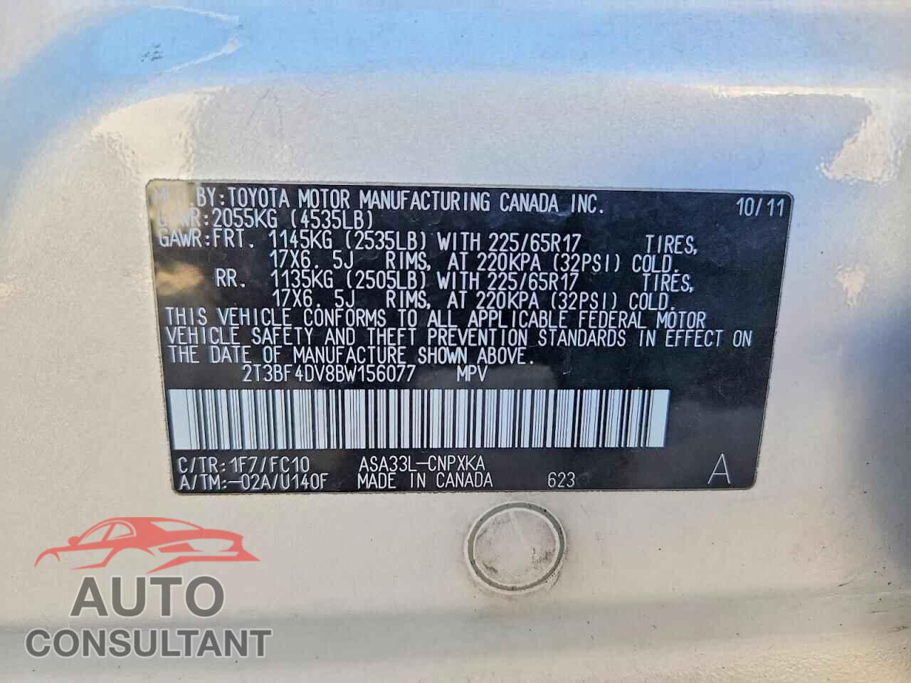 TOYOTA RAV4 2011 - 2T3BF4DV8BW156077