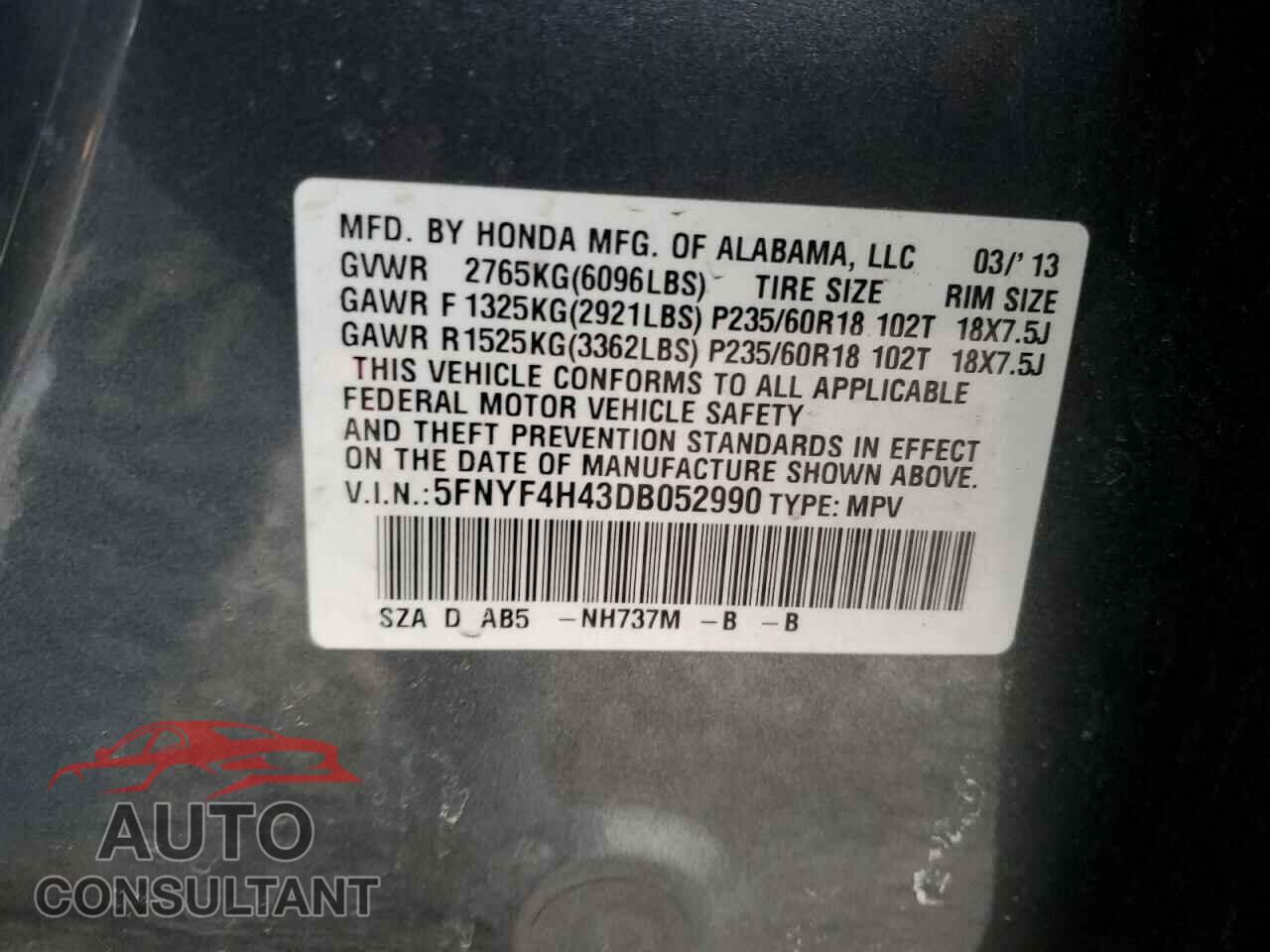 HONDA PILOT 2013 - 5FNYF4H43DB052990