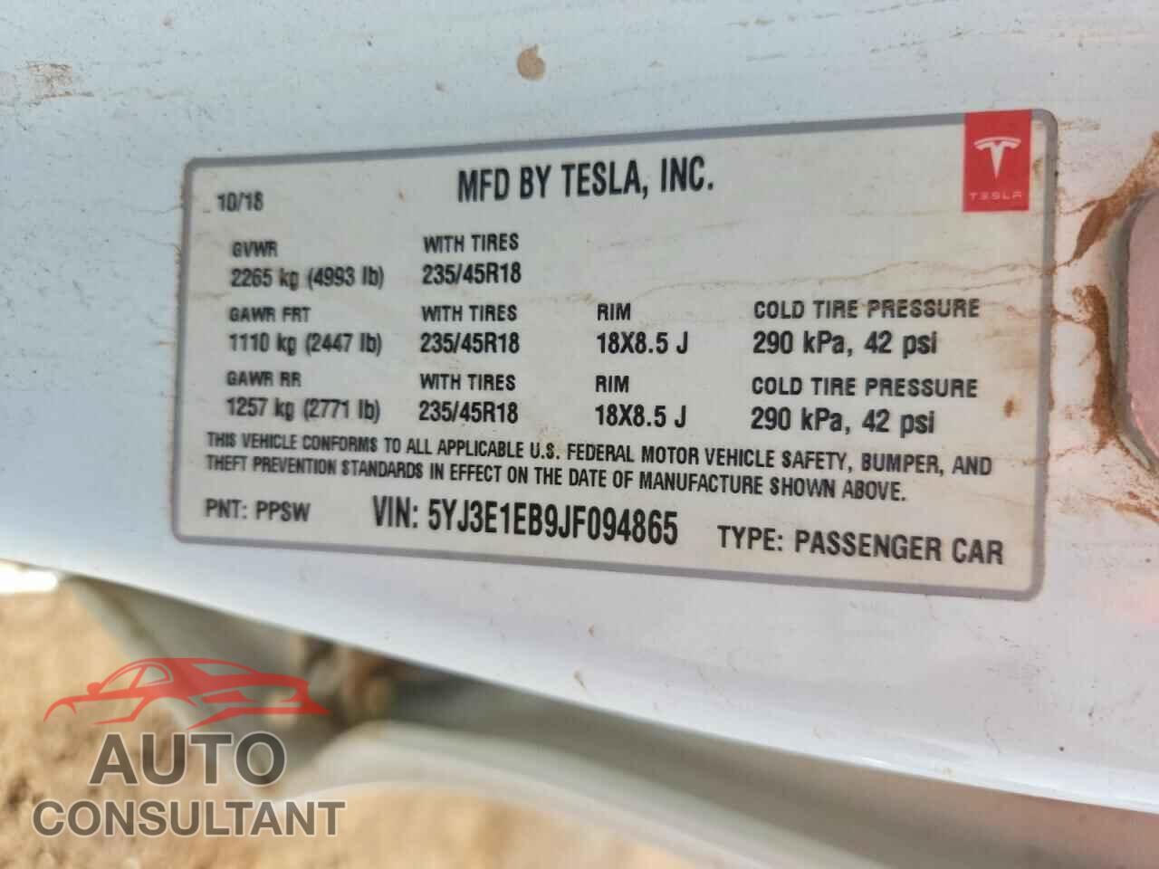 TESLA MODEL 3 2018 - 5YJ3E1EB9JF094865