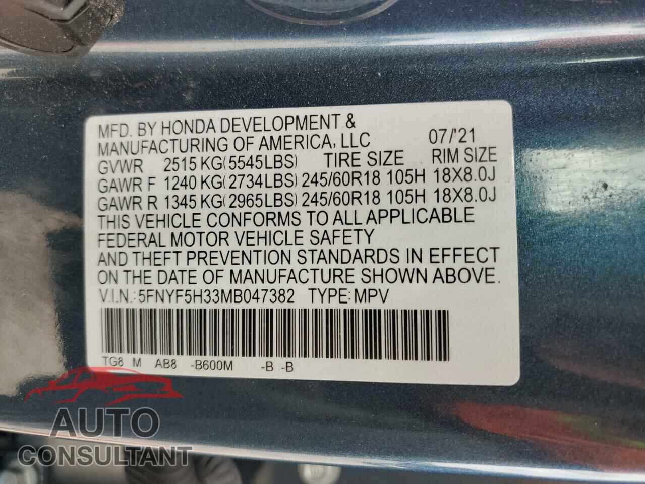 HONDA PILOT 2021 - 5FNYF5H33MB047382