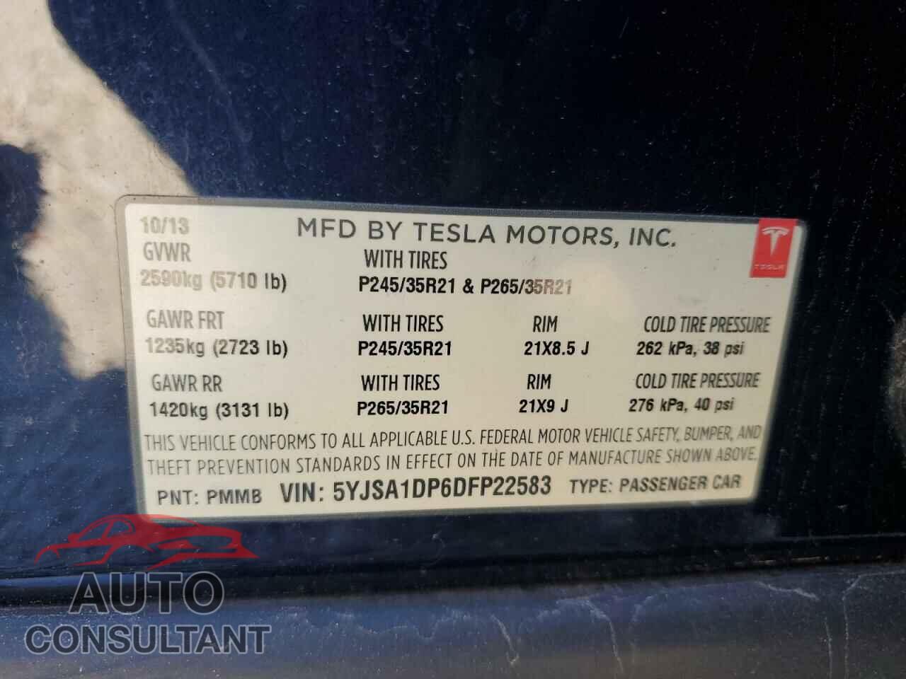 TESLA MODEL S 2013 - 5YJSA1DP6DFP22583