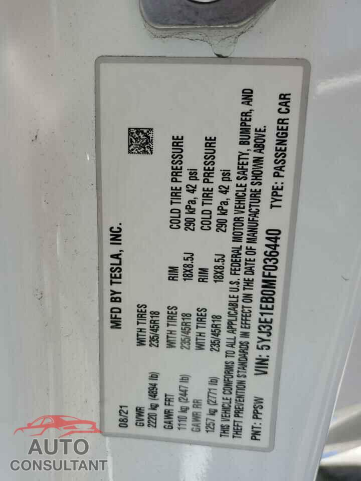TESLA MODEL 3 2021 - 5YJ3E1EB0MF036440