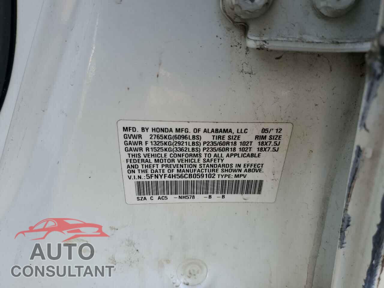 HONDA PILOT 2012 - 5FNYF4H56CB059102