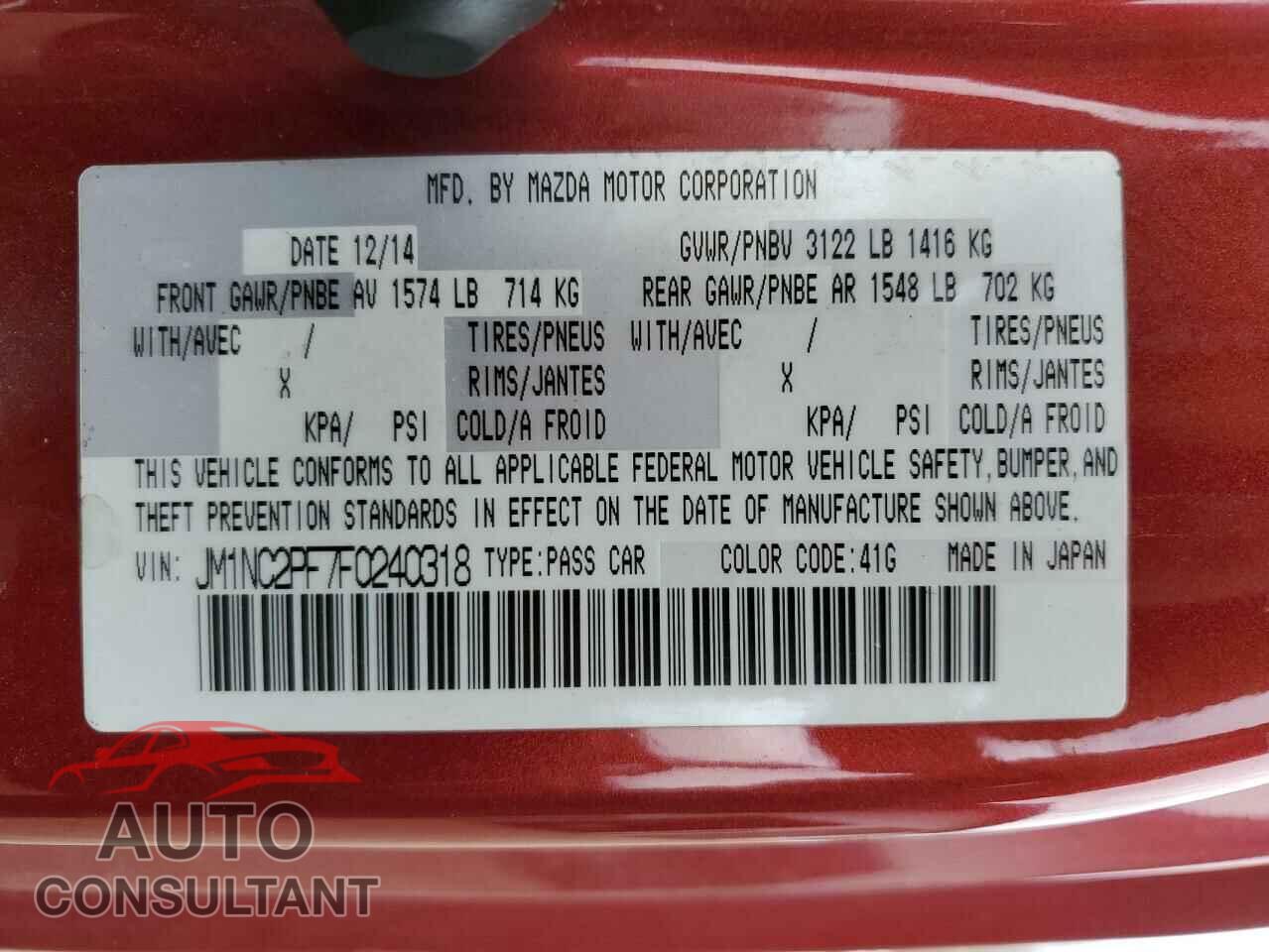MAZDA MX5 2015 - JM1NC2PF7F0240318