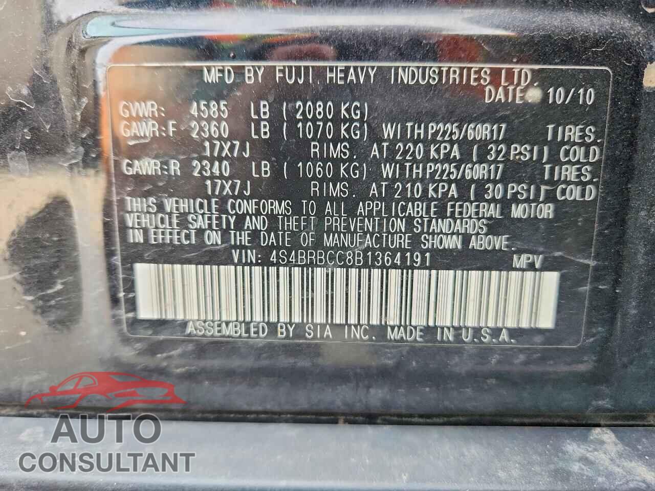 SUBARU OUTBACK 2011 - 4S4BRBCC8B1364191