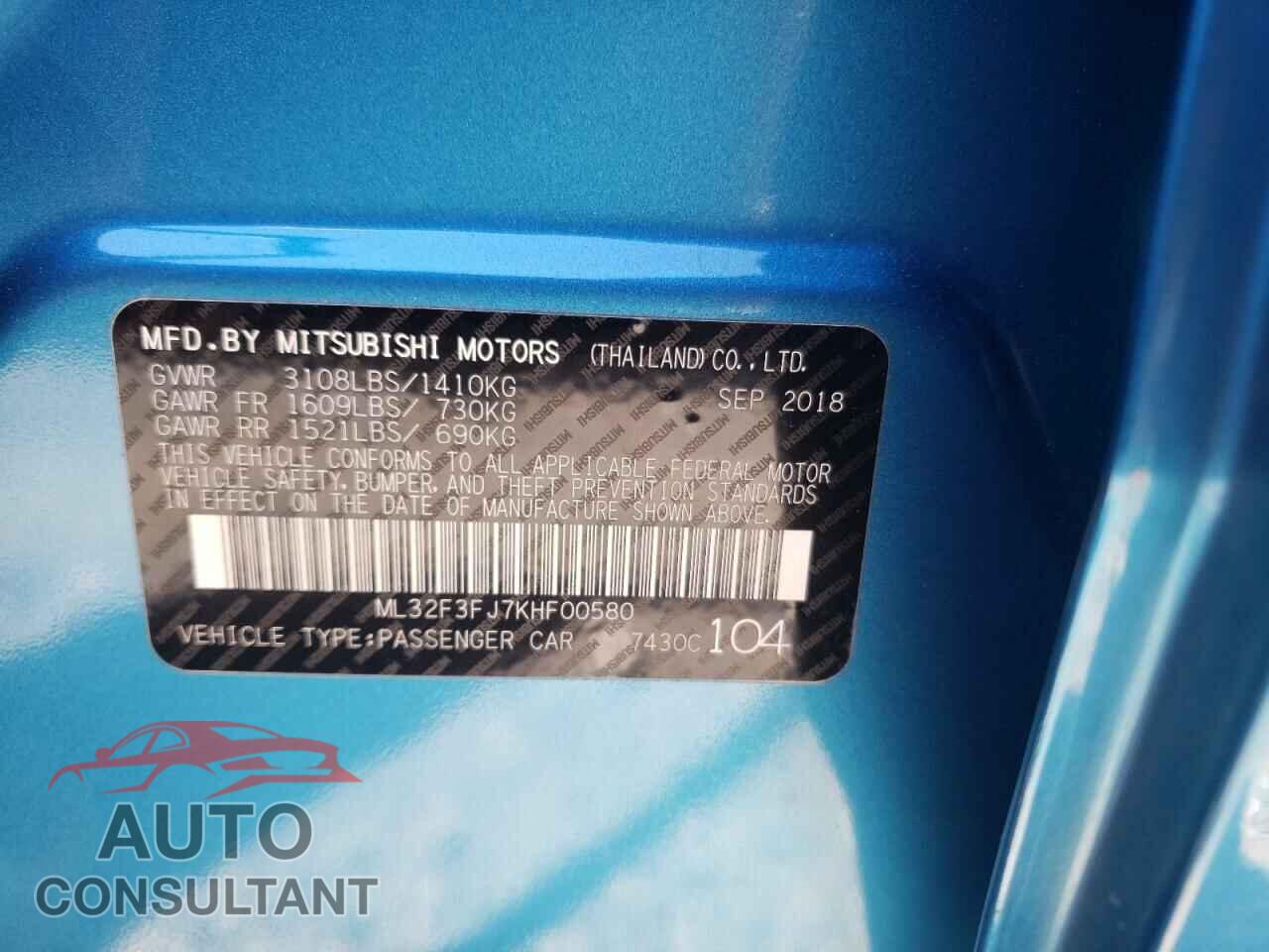 MITSUBISHI MIRAGE 2019 - ML32F3FJ7KHF00580