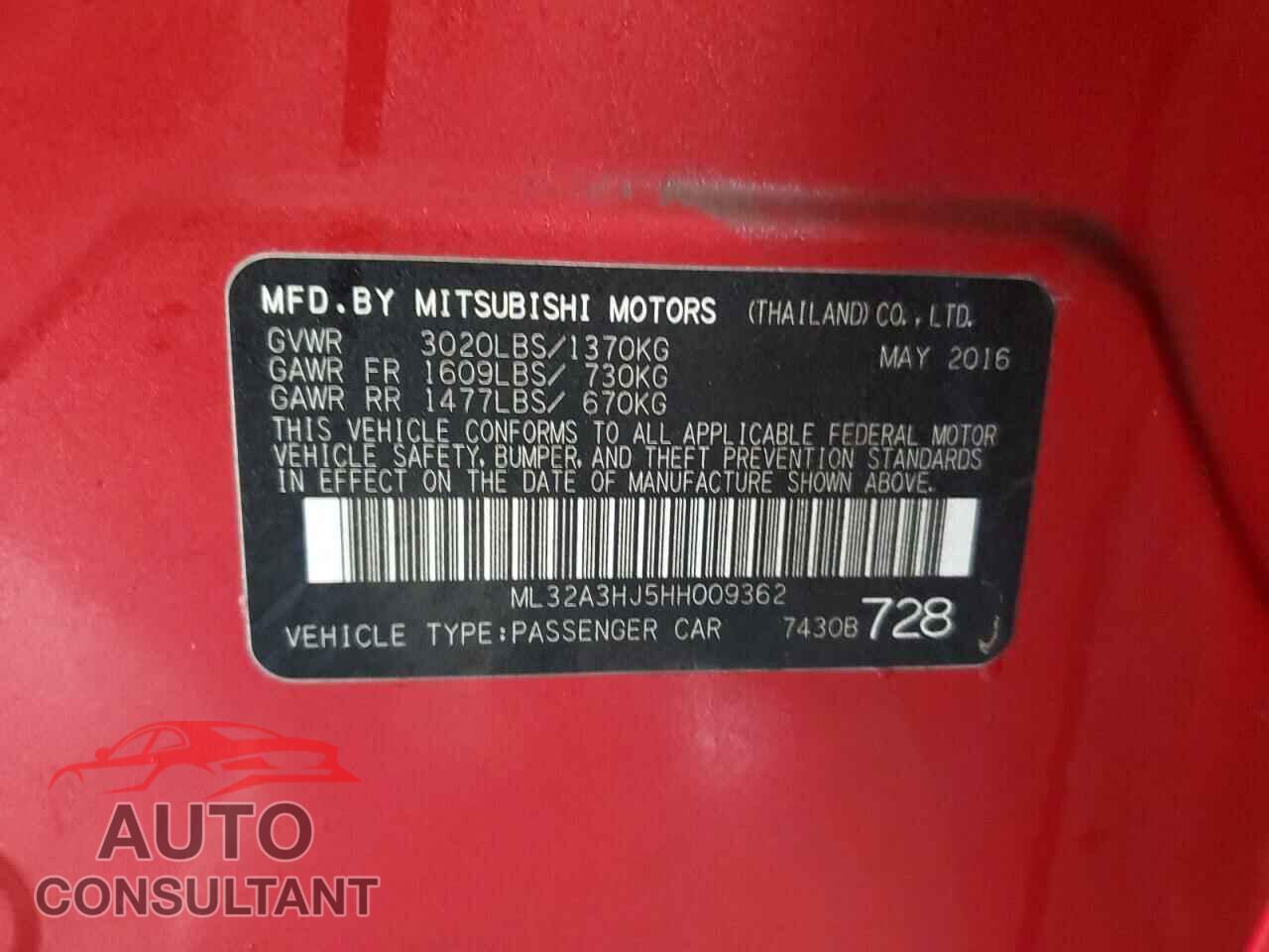 MITSUBISHI MIRAGE 2017 - ML32A3HJ5HH009362