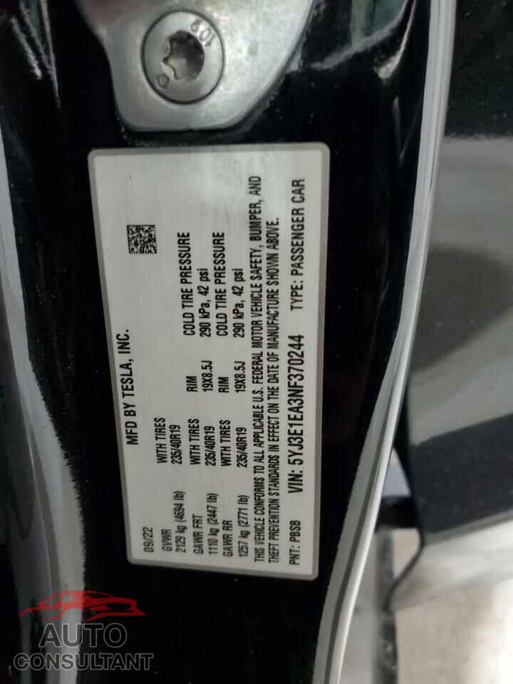 TESLA MODEL 3 2022 - 5YJ3E1EA3NF370244