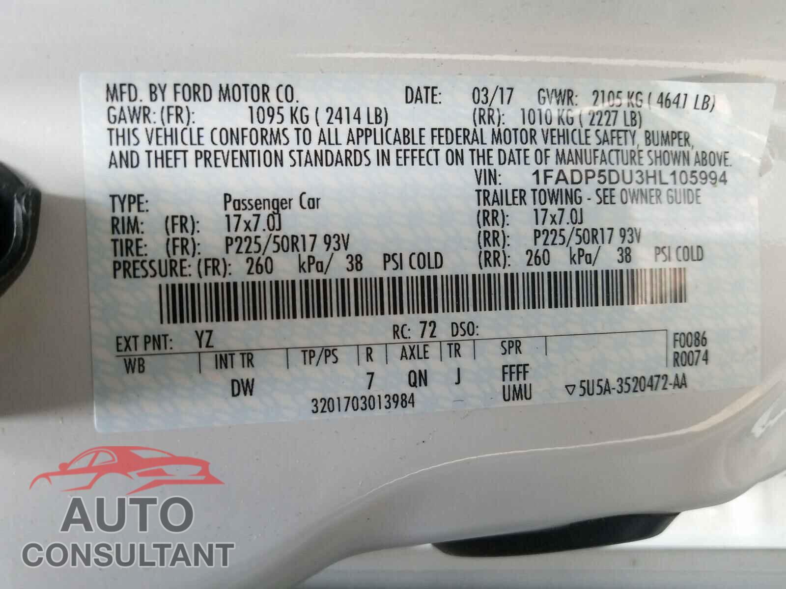FORD CMAX 2017 - 1FADP5DU3HL105994