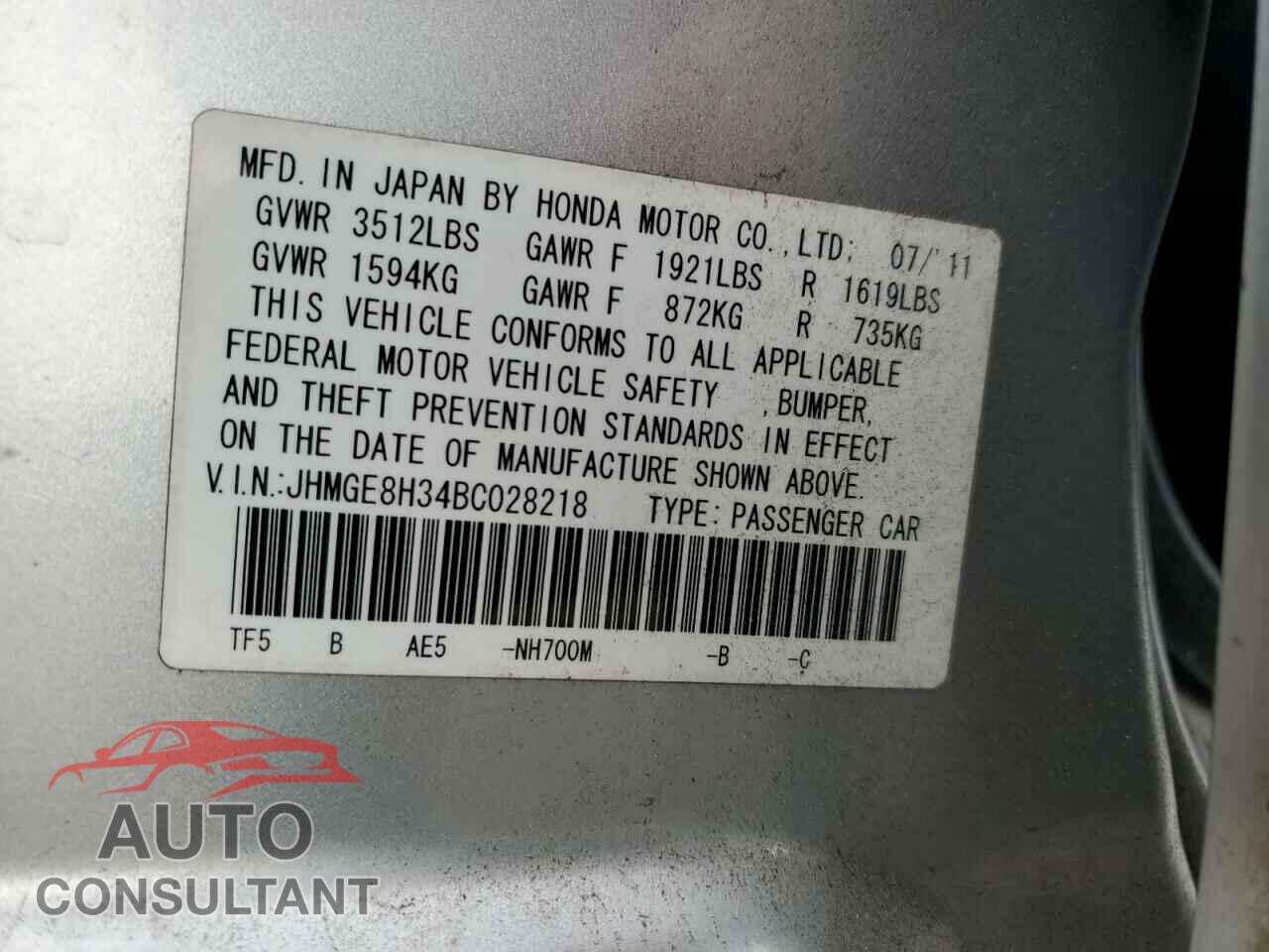 HONDA FIT 2011 - JHMGE8H34BC028218