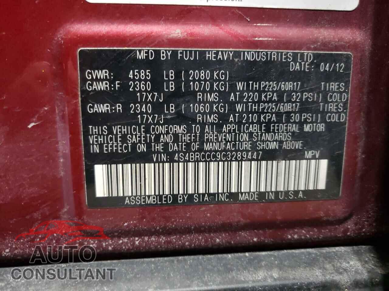 SUBARU OUTBACK 2012 - 4S4BRCCC9C3289447