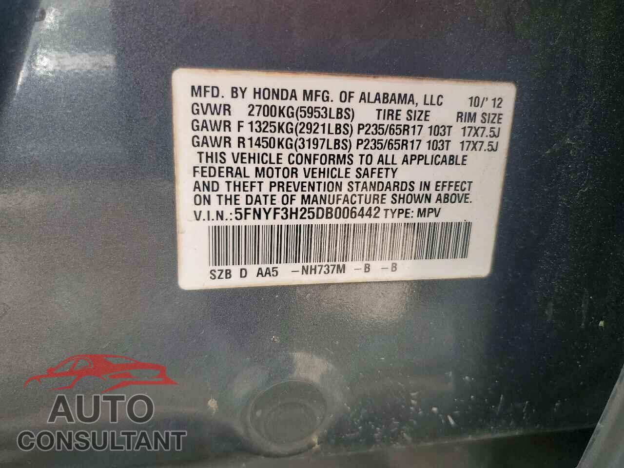 HONDA PILOT 2013 - 5FNYF3H25DB006442