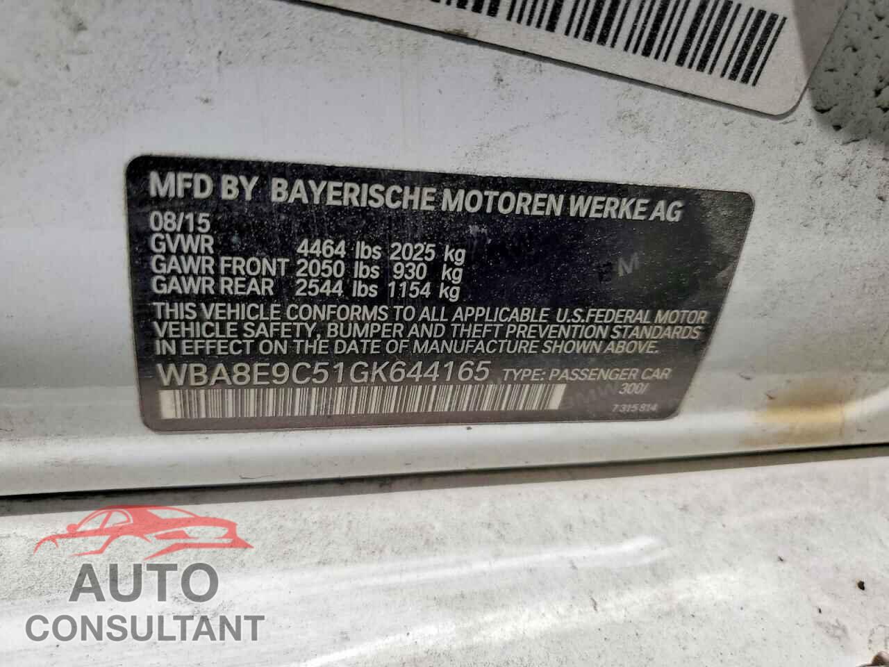 BMW 3 SERIES 2016 - WBA8E9C51GK644165
