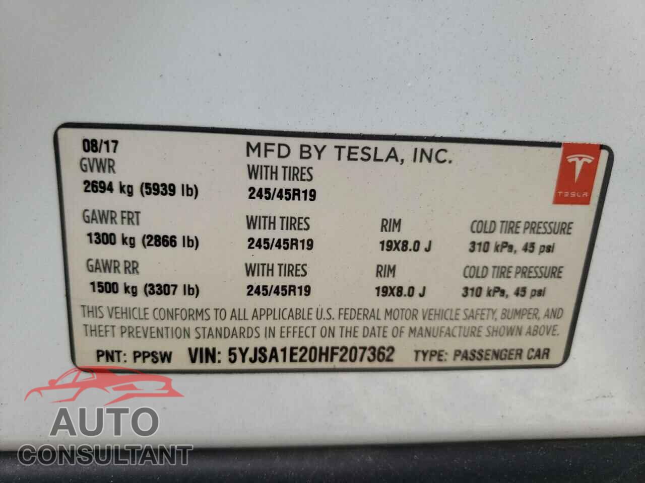 TESLA MODEL S 2017 - 5YJSA1E20HF207362