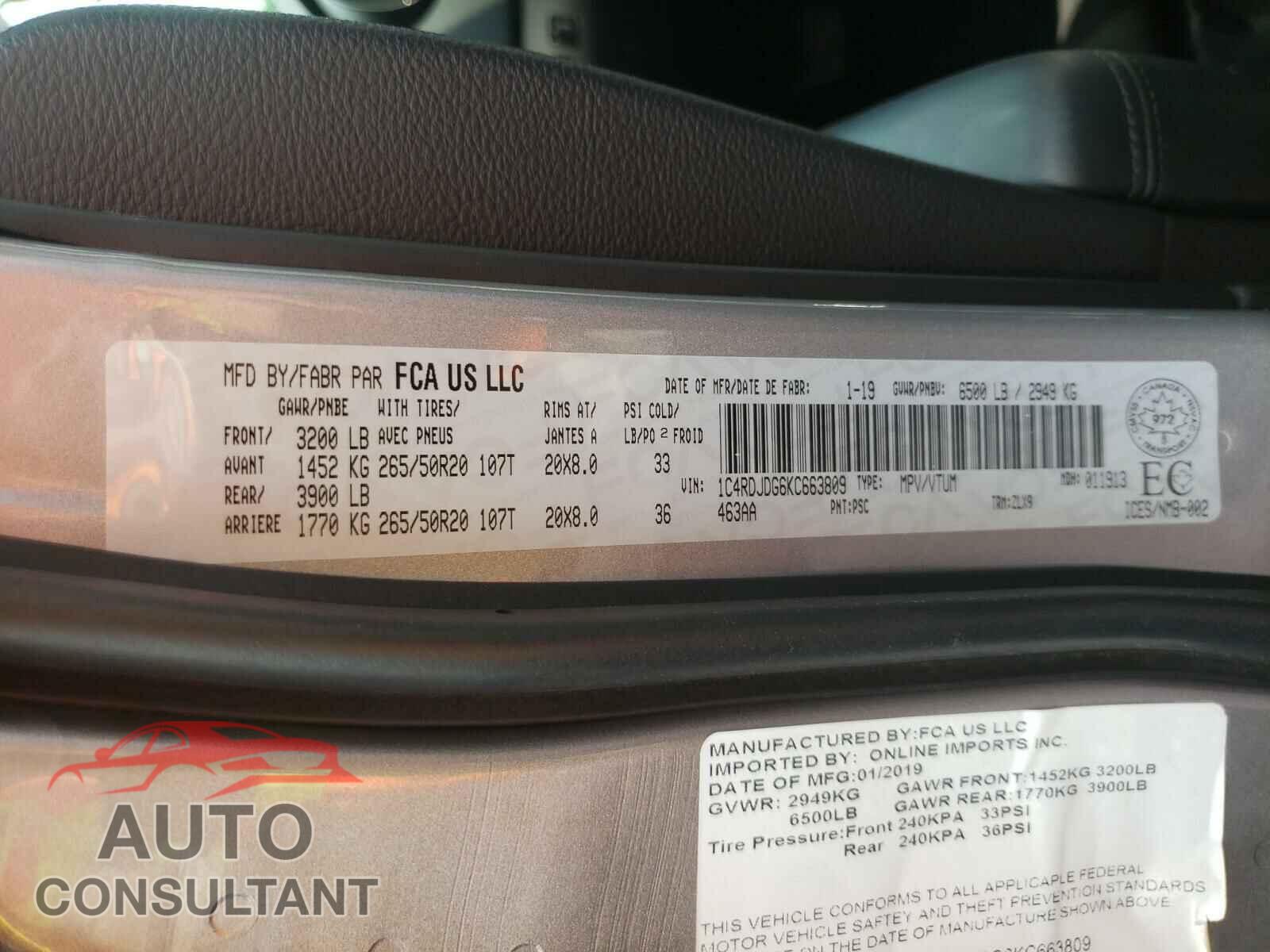 DODGE DURANGO 2019 - 1C4RDJDG6KC663809