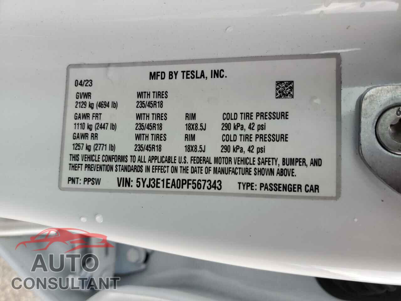 TESLA MODEL 3 2023 - 5YJ3E1EA0PF567343
