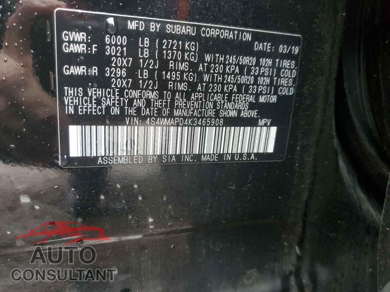 SUBARU ASCENT 2019 - 4S4WMAPD4K3465908