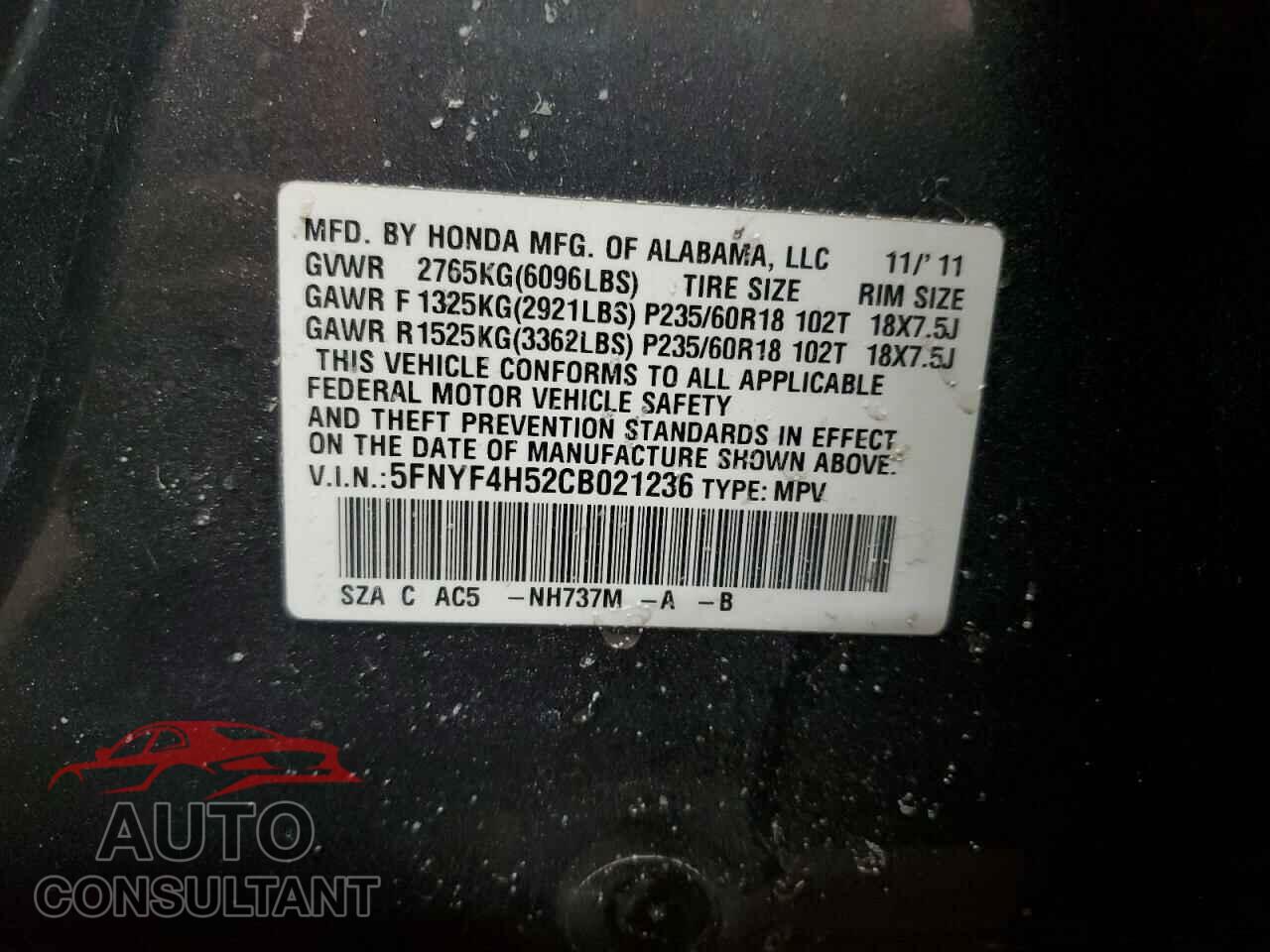 HONDA PILOT 2012 - 5FNYF4H52CB021236