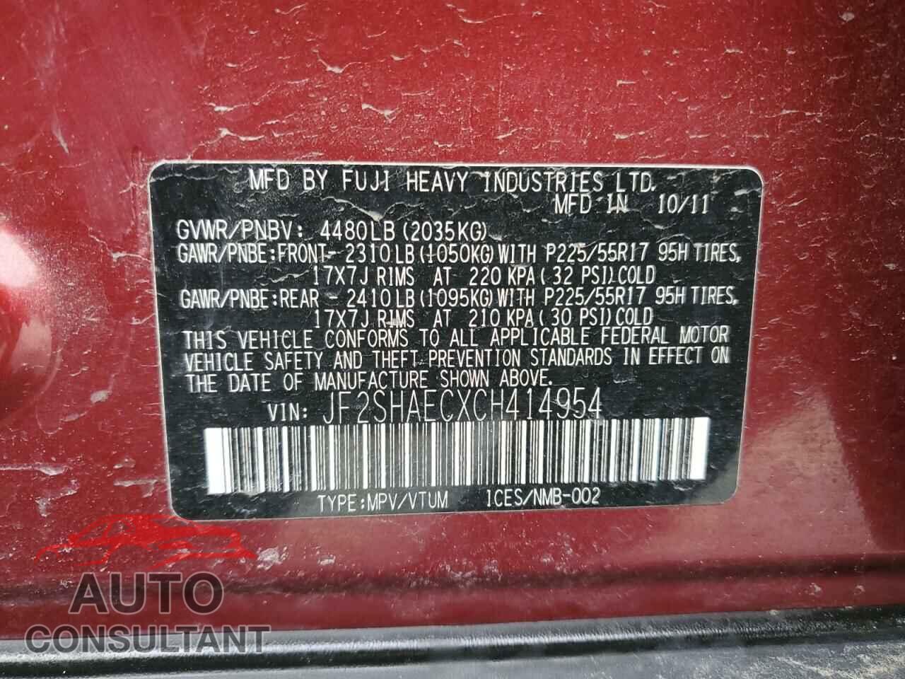 SUBARU FORESTER 2012 - JF2SHAECXCH414954